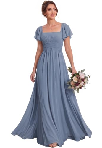 MisShow Women's Flutter Sleeves Bridesmaid Dresses Square Neck Chiffon Maxi Dress A Line Formal Evening Gown Steel Blue