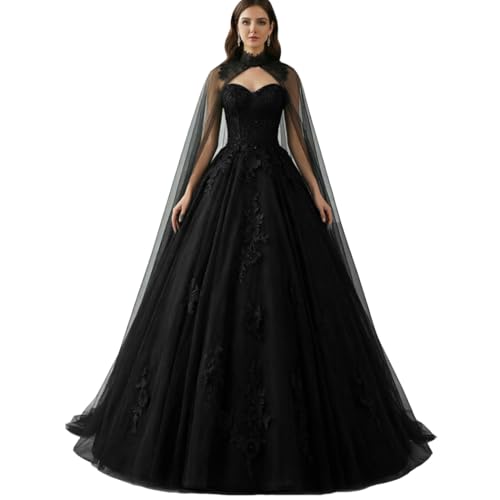 Lemai Vintage Gothic Wedding Dress with Cape for Bride Black Lace 3D Flowers Puffy Ball Gown Prom Quinceanera Dress for Girl All Black Plus Size 24W
