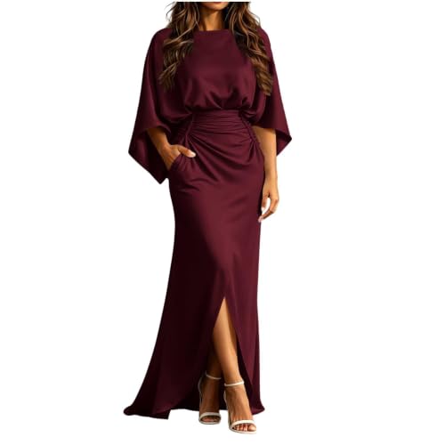 Women Evening Maxi Dress Batwing Sleeve Side Split Ruched Gown Wine