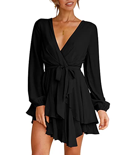 Cosonsen Womens Ruffle Dress Tie Waist Deep V-Neck Long Sleeve Swing Short Dress Black XXL
