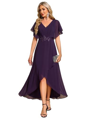 Ever-Pretty Women's Formal Dress A Line V Neck Applique Waist Tea Length Wedding Guest Dress Dark Purple US16