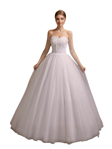 Women's Sweetheart Applique Beaded Corset Bridal Shiny Tull Wedding Dresses for Bride (Ivory,8)