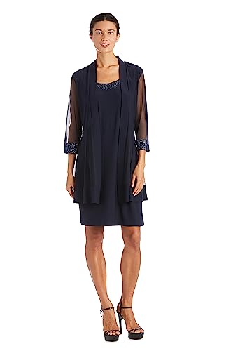 R&M Richards Women's Tailored 2-Piece Pleated Swing Jacket Dress Set with Beaded Neckline & Sheer Sleeve for Formal Occasions