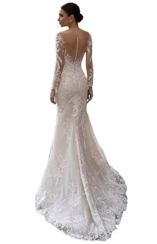 White Mermaid Wedding Dresses for Bride 2026 Long Sleeve Wedding Gowns with Train Lace Appliques Tulle Bride Dress US4 Size BYF03B20