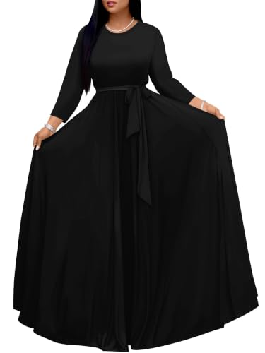 Plus Size Floral Crew Neck 3/4 Sleeve Maxi Dress with Belt(3XL 1-BLACK) | Floral boho wrap dress with a flowy fit for vacations, beach days, church, dinner, travel, and casual wear