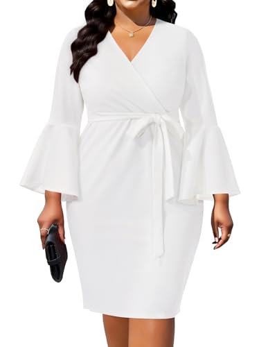 Pinup Fashion Plus Size White Formal Dresses Women Bell Sleeve Bodycon Vintage Work Pencil Midi Dress 24W