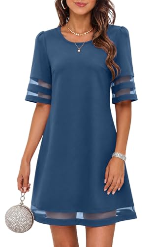 IHOT Women's A Line Church Dresses Knee Length Wedding Guest Dresses for Women Mesh Sleeve Semi Formal Dresses Elegant Semi Formal Tea Party Brunch Baby Shower Dress Grey Blue Large