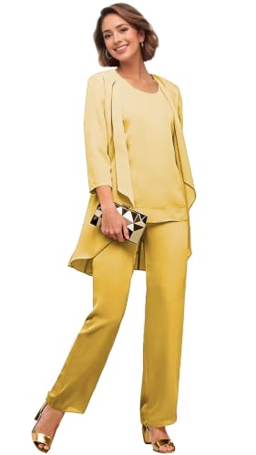 Chiffon Mother of The Bride Pant Suits for Wedding Gold Dressy Pantsuit US0