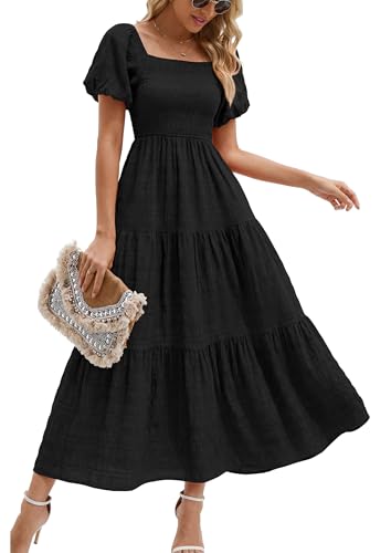PRETTYGARDEN Womens Puff Short Sleeve Maxi Dress,Black,L | Square Neck Empire Waist, Smocked Tiered Ruffle, Flowy A Line Long Dresses, Wedding Guest Beach Vacation, Casual Summer Wear