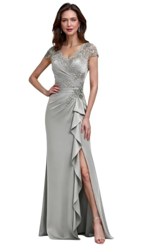 Mermaid Lace Cap Sleeve Silver Mother of the Bride Dress V Neck Beaded Formal Evening Gown with Slit