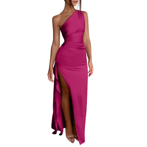 Women’s Satin One Shoulder Dresses Ruched High Slit Elegant Bodycon Maxi Evening Prom Gown Sexy Formal Dress Hot Pink
