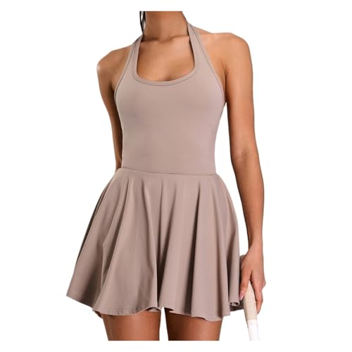 Naked Neck Hanging Beautiful Back Sports Jumpsuit Women's Fake Two Piece Outdoor Running Fitness Tennis Skirt(Khaki,XL)