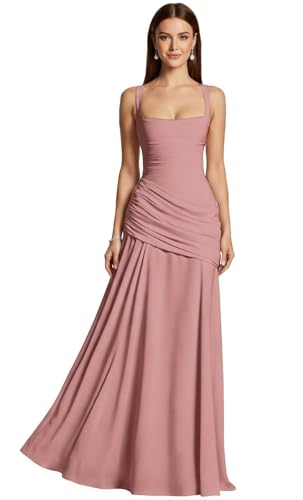 Lanbaodress Square Neck Chiffon Bridesmaid Dresses for Women 2026 Ruched Long A-Line Prom Wedding Guest Dress Dusty Rose Size 0