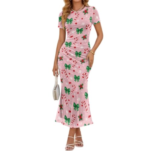 Gomyblomy Christmas Bow Dresses for Women Short Sleeve Pink Maxi Dress
