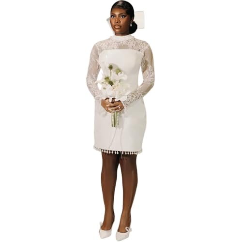 YiMinpwp ASO EBI Short Civil Wedding Dress for Bride Long Sleeve Lace Tassel Court Bridal Gowns Ivory