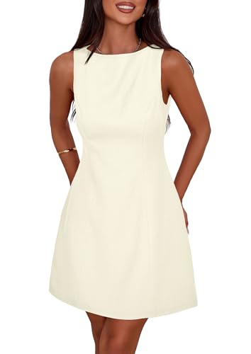 PRETTYGARDEN Women's Formal Short Dresses A Line Mini Dress,Beige,XS | Sleeveless, Boat Neck, Elegant Classy, Wedding Guest Dresses, Holiday Party, Graduation Cocktail, Business Casual Work Wear