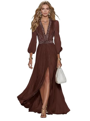 RYANTH Long Sleeve Bridesmaid Dresses Sparkly V Neck Chiffon Evening Gowns A Line Formal Wedding Guest Dress with Slit Brown