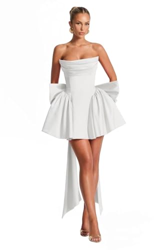 RYANTH Ivory Satin Strapless Homecoming Dresses for Teens 2025 Short A Line Prom Dresses Corset Mini Formal Evening Gown Wedding Dress with Bow Size 6