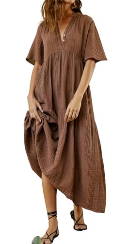 R.Vivimos Womens Summer Cotton Casual Flowy Maxi Dress, Brown, X-Large