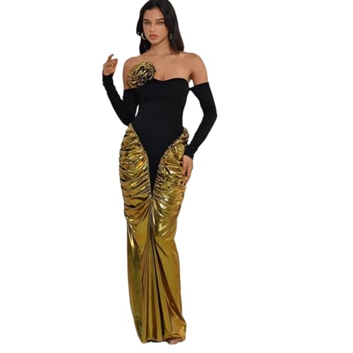 Diaquny Women's Metallic Gold Evening Gown, Black Off-Shoulder Long Sleeve Mermaid Dress, Ruched Formal Party Prom Maxi Dress (US, Alpha, Medium, Regular, Regular, Black)