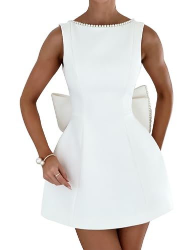 Azhong Women's Summer A-Line Sleeveless Pearl Dress with Bows Elegant Crew Neck Graduation Mini Dress Formal HOCO Dresses White