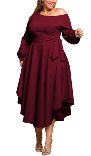WUSENST Elegant Dresses for Women Plus Size Irregularly A-line Flowy Dress Wedding Guest Semi Formal Long Sleeves Long Cocktail Dresses Wine Red