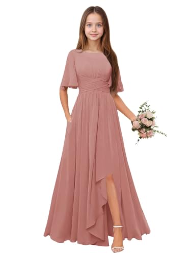 Qgeno Dusty Pink Junior Bridesmaid Dresses for Teen Girls Size 10-12 Chiffon Long Formal Wedding Gown Slit Flower Girl Dress with Sleeves