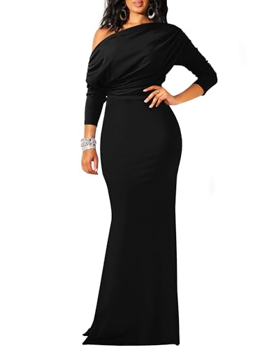 YMDUCH Women's Long Sleeve Off Shoulder Mermaid Long Formal Dress Black