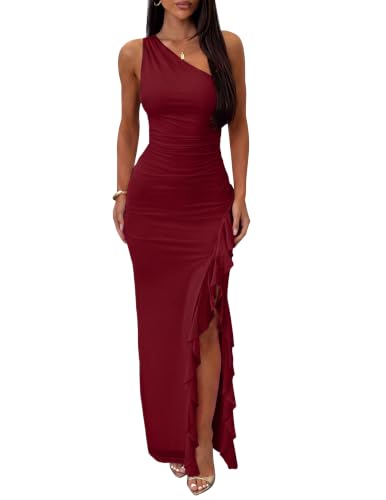 Women's Sexy One The Shoulder Ruched Mesh Formal Long Dress, Wine Red M | Sundress Bodycon High Split Cocktail Wedding Maxi Dresses