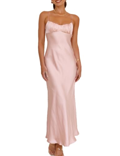 Realtix Satin Spaghetti Strap Backless Midi Dress Cocktail Wedding Guest | Summer,Silk,Open Back,Cut Out,Ruched,Twist,Elegant,Evening Party,Date Night,Beach Vacation,Cruise Dinners,Long Dress
