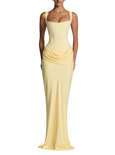 Women Corset Maxi Dress Lace Up Back Mermaid Evening Gown L Yellow | Draped Formal Dress, For Wedding Guest Party Cocktail Banquet Prom, Slim Fit Silhouette, Square Neck