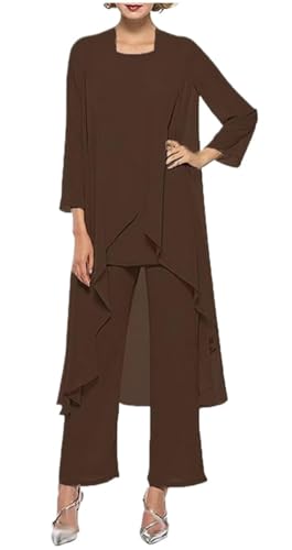 Women's Chiffon Pants Suits 3 Pieces Mother of the Bride Wedding Party Outfit Evening Dress Chocolate US12
