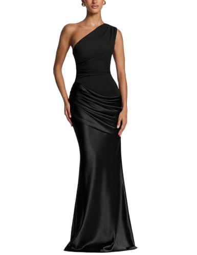 ABINGOO Women's One Shoulder Satin Asymmetrical Pleated Maxi Formal Dress
