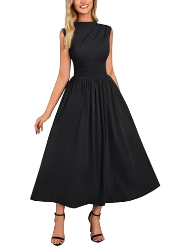 Miusol Women's Retro Half Collar Sleeveless with Pocket Casual Swing Dress (Black, Medium)