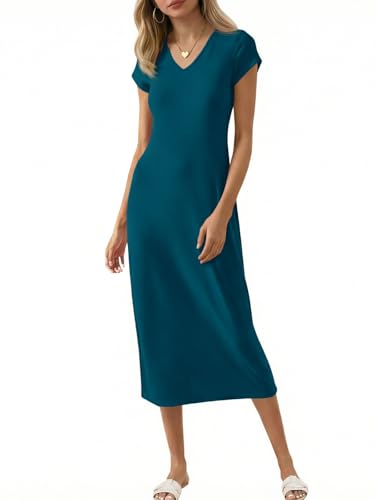 Wenrine Womens Short Sleeve T-Shirt Dress V Neck Summer Casual Midi Dresses