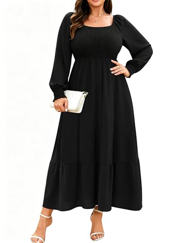 RWJ Womens Fall Dresses Long Sleeve Plus Size Wedding Guest Dress Black 2XL | 2026 Spring Smocked Casual Square Neck Empire Waist Flowy Tiered, Graduation Office Work, Church Maxi Dresses with Pockets