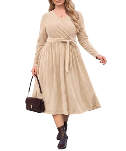 RITERA Plus Size Women's Knit Dress Long Sleeve V Neck Midi Dresses Apricot