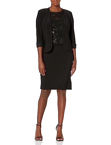 Maya Brooke Womens Brianna Milay Three Quarter Embroidered Cuff Sleeve Jacket and Pop Over Lace Cocktail Dress, Black, 12 US
