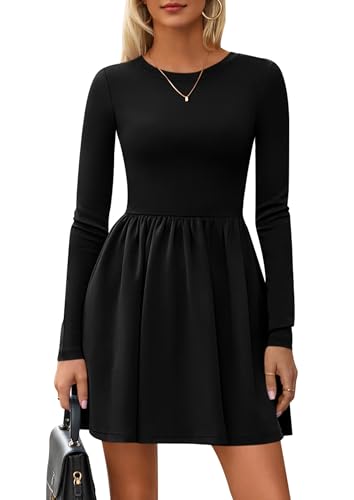 PRETTYGARDEN Women's Long Sleeve Mini Dresses 2026 Spring Casual Pleated A Line Party Cocktail Short Babydoll Dress with Pocket (Black,L)