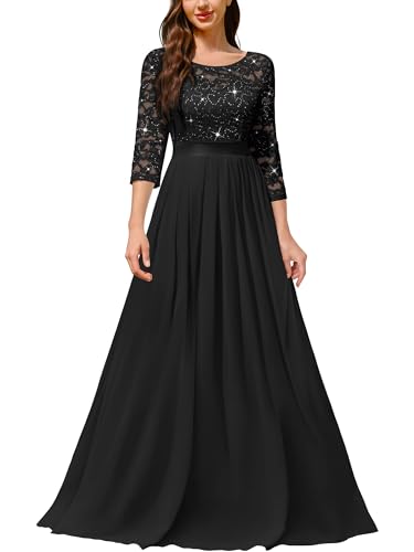 Miusol Women's Classy Scoop Neck Sequin Floral Lace Formal Party Maxi Dress
