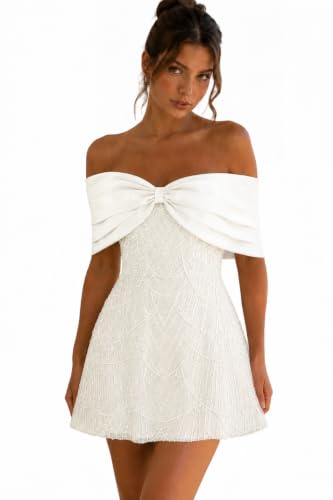EDECPBM Pearl Beaded Short Wedding Dress Off Shoulder Sequins Mini Bridal Party Dress Corsrt Bachelorette Cocktail Dress White US14
