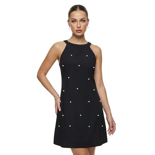 Beimuc L Black Mixed Pearl Women Summer Sleeveless Halter Neck Dresses 2026 Casual Floral Print Sun Dress for Party Beach Vacation