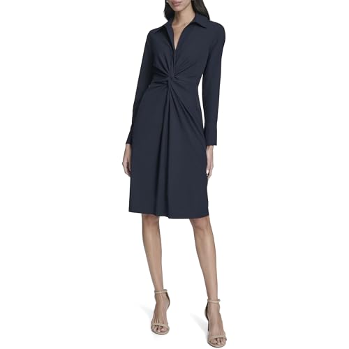 Calvin Klein Women's Long Sleeve Collared Neck Commuter Twist Front Knee Length Dress, Indigo, 6