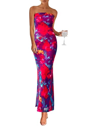 PRETTYGARDEN Womens Floral Long Strapless Summer Dress,Navy Red Flower,XXL