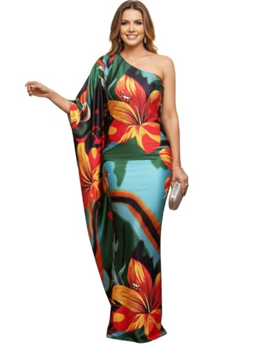 KOH KOH Womens Long One Shoulder Hawaiian Tropical Hibiscus Flower Print Spring Summer Cocktail Party Sexy Tall Flowy Sundress Maxi Dress Dresses Gown Gowns, Green Red and Yellow L 12-14