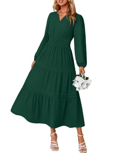 Simplee Womens Fall Maxi Dresses 2026 Long Sleeve Modest Dress Dark Green S | V Neck, Puff Sleeve, Elastic Waist, Tiered A Line Flowy, Long Boho Dress, Elegant Casual, Semi Formal Wedding Guest, Church