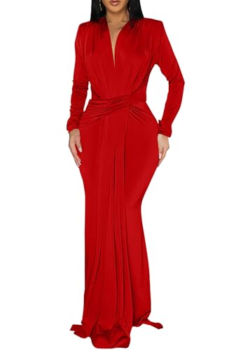 Memoriesea Women's Elegant Long Sleeve Deep V Neck Bodycon Party Evening Gown Maxi Dress Red