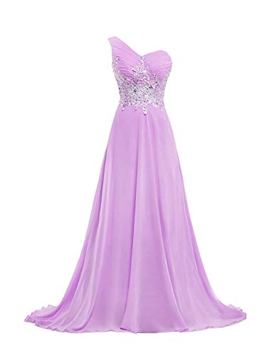 CharmingBridal One Shoulder Prom Dresses Lace Pleated Chiffon Long Evening Gowns Lilac