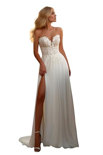 Off Shoulder Long Wedding Dresses for Bride Chiffon Lace Appliques A Line Boho Beach with Train Bridal Dresses Bridal Gowns Wedding Gown for Bride with Slit White US8