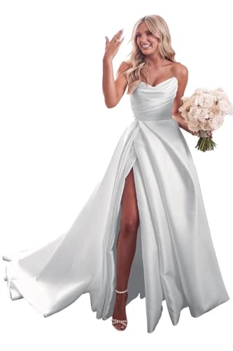 Strapless Satin Wedding Bridal Dress for Women High Slit Aline V-Neck Backless Sleeveless Ruched Summer Bridal Ball Gowns with Court Train White 10